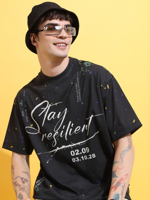 HIGHLANDER Printed, Typography Men Round Neck Black T-Shirt