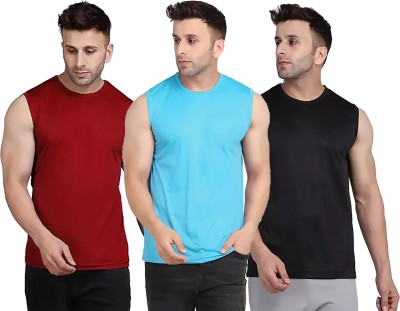 Think Tech Solid Men Round Neck Maroon, Light Blue, Black T-Shirt