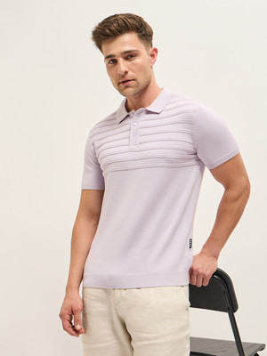 THE BEAR HOUSE Self Design Men Polo Neck Purple T-Shirt