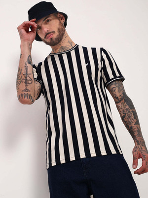 SHOWOFFFF Striped Men Round Neck Navy Blue, Beige T-Shirt