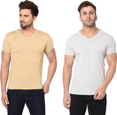 Adorbs Trend Solid Men V Neck White, Orange T-Shirt