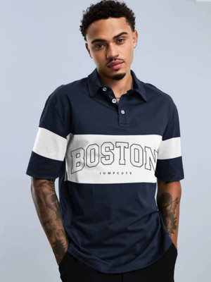 Jump Cuts Printed Men Polo Neck Dark Blue T-Shirt