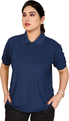 Moda Rapido Solid Women Polo Neck Navy Blue T-Shirt