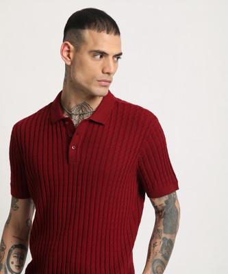 THE BEAR HOUSE Solid Men Polo Neck Maroon T-Shirt