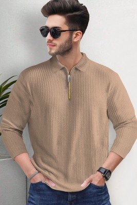 TRIPR Solid Men Polo Neck Beige T-Shirt