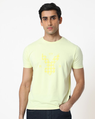 RARE RABBIT Printed Men Round Neck Yellow T-Shirt