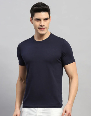 MH MOGHAHILLS Solid Men Round Neck Navy Blue T-Shirt
