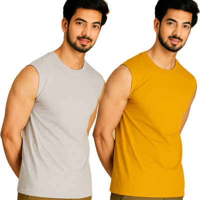 Moordale Solid Men Round Neck Grey, Yellow T-Shirt