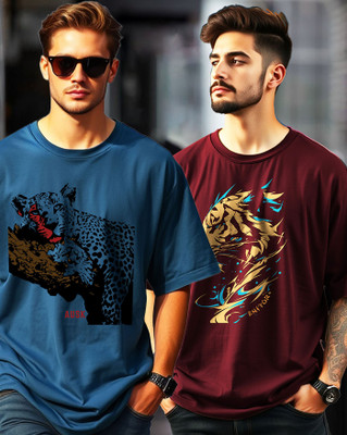AOOSH Typography Men Round Neck Maroon, Dark Blue T-Shirt
