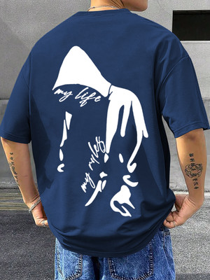 TripBroz Printed Men Round Neck Navy Blue T-Shirt