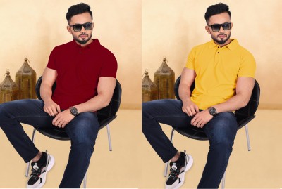 INDICLUB Solid Men Polo Neck Maroon, Yellow T-Shirt