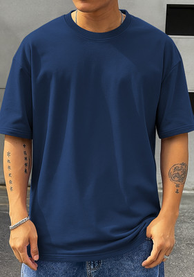 TeeBrozz Solid Men Round Neck Navy Blue T-Shirt