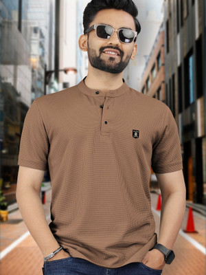 VeBNoR Solid Men Mandarin Collar Brown T-Shirt