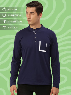 MANIAC Solid Men Henley Neck Dark Blue T-Shirt