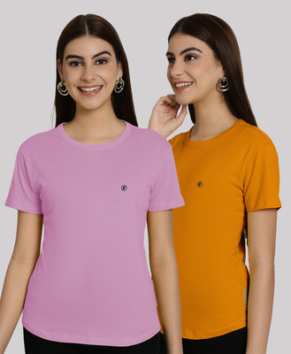 FRISKERS Solid Women Mandarin Collar Pink, Yellow T-Shirt