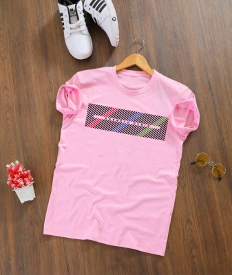 Magneto Geometric Print Men Round Neck Pink T-Shirt