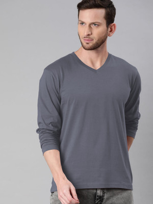 Nilan Solid Men V Neck Grey T-Shirt