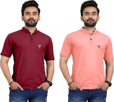 tshirtvala Solid Men Mandarin Collar Maroon, Pink T-Shirt