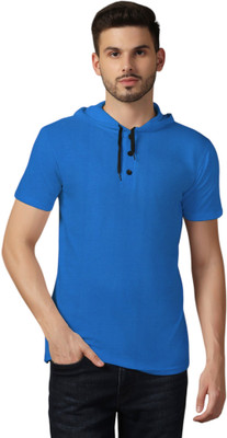 GEUM Solid Men Hooded Neck Blue T-Shirt