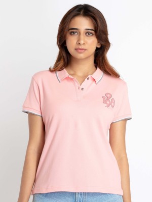 Status Quo Solid Women Polo Neck Pink T-Shirt