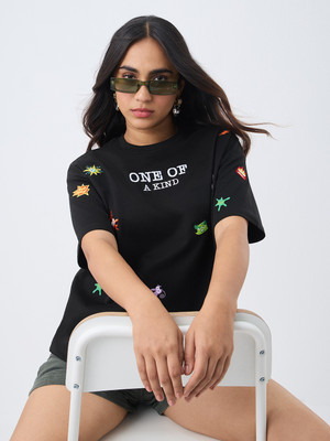 The Souled Store Embroidered Women Round Neck Black T-Shirt