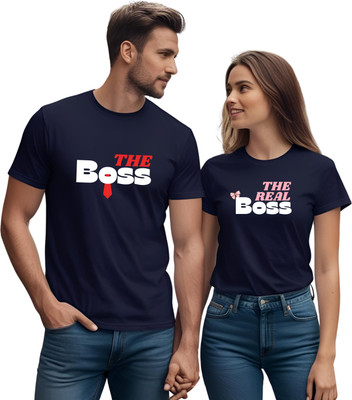 KART BLACK Self Design Couple Round Neck Light Blue T-Shirt