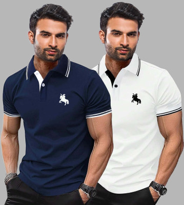 SCATCHITE Printed Men Polo Neck Dark Blue, White T-Shirt