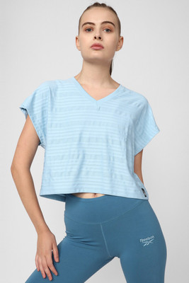 REEBOK Striped Women V Neck Blue T-Shirt