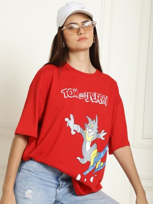 TOM AND JERRY by DreamBe Printed, Typography Women Round Neck Red T-Shirt