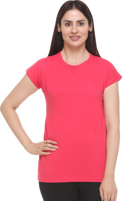 HouseOfCommon Solid Women Round Neck Pink T-Shirt