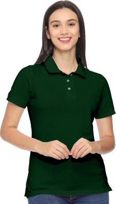 ROARERS Solid Women Polo Neck Dark Green T-Shirt