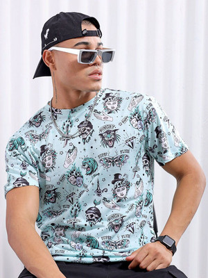 The Indian Garage Co. Printed Men Crew Neck Blue T-Shirt