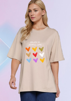 SLENOR Graphic Print Women Round Neck Beige T-Shirt