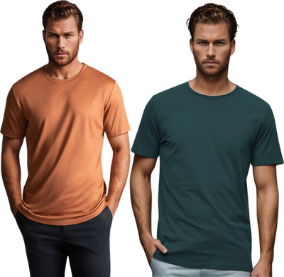 BlueFicus Solid Men Round Neck Brown, Dark Green T-Shirt