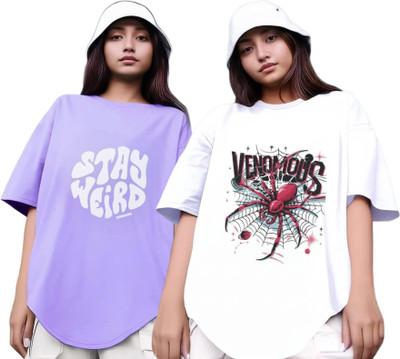 R S Fashion Printed Women Round Neck Purple, White T-Shirt