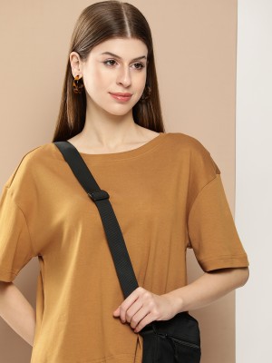 Bene Kleed Solid Women Round Neck Brown T-Shirt