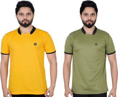 La Milano Solid Men Round Neck Green, Yellow T-Shirt