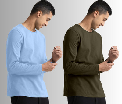 METRONAUT Solid Men Round Neck Dark Green, Light Blue T-Shirt