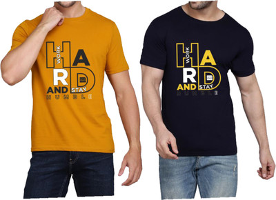 WOOSTRO Printed Men Round Neck Dark Blue, Yellow T-Shirt