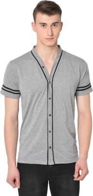 GLITO Solid Men Mandarin Collar Grey T-Shirt