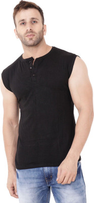 GEUM Solid Men Henley Neck Black T-Shirt
