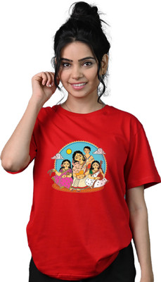 Tedhi Medhi Family Conversational, Printed, Self Design, Graphic Print Women Round Neck Red T-Shirt