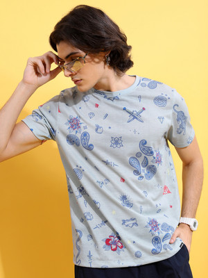 HIGHLANDER Printed Men Round Neck Grey T-Shirt