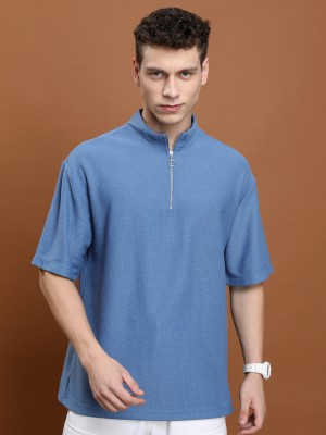 HIGHLANDER Solid Men High Neck Blue T-Shirt