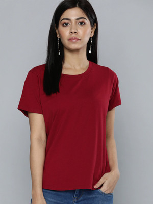 DJIN Solid Women Round Neck Maroon T-Shirt