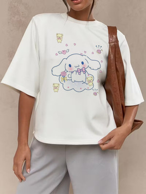 CZC Graphic Print, Cartoon Women Round Neck White T-Shirt