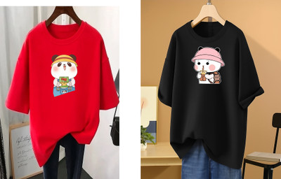 RAPTUROUS Printed Women Round Neck Red, Black T-Shirt
