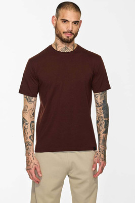 Snitch Solid Men Round Neck Brown T-Shirt