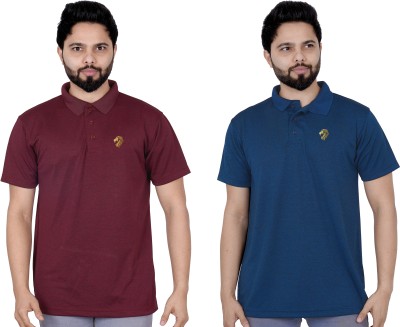 La Milano Solid Men Polo Neck Blue, Maroon T-Shirt