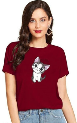 Yumina Animal Print Women Round Neck Maroon T-Shirt